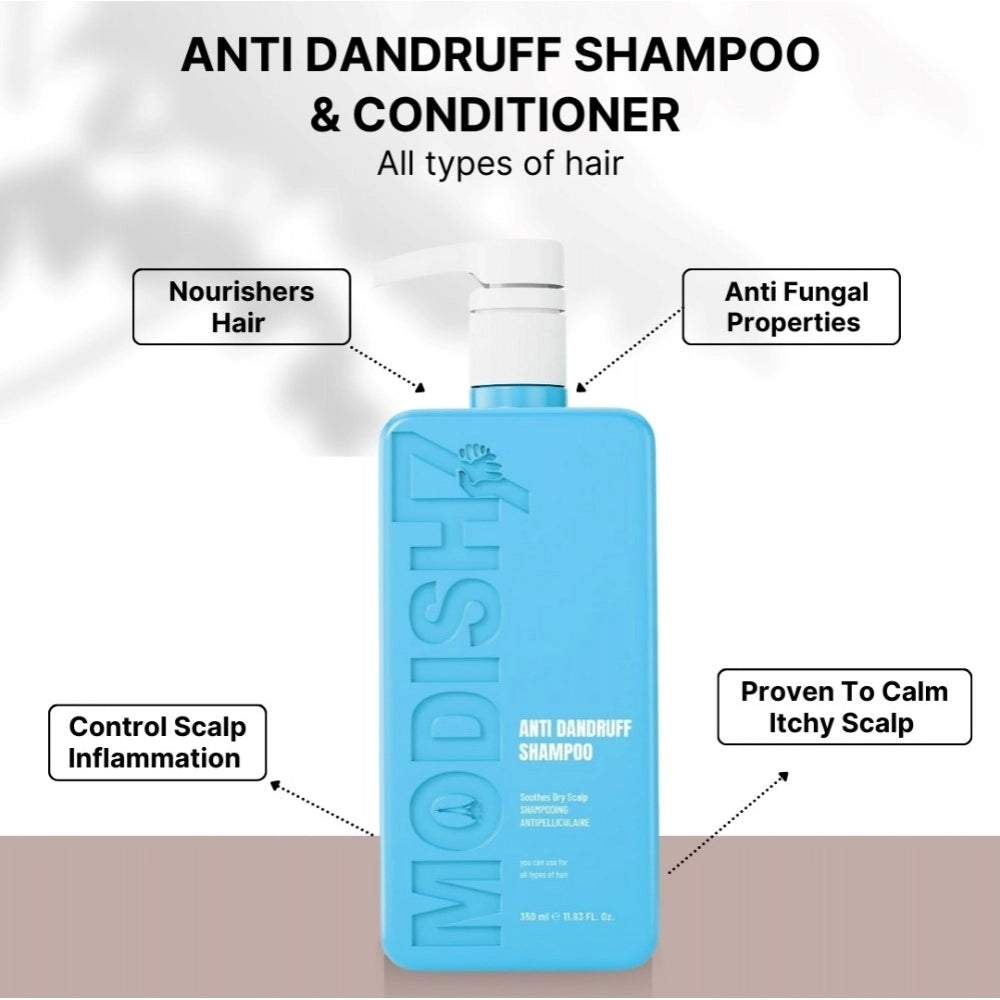 Blue anti-dandruff shampoo bottle with white pump and vertical front branding