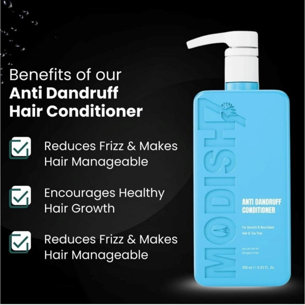 Blue conditioner bottle with white pump, anti-dandruff label on front