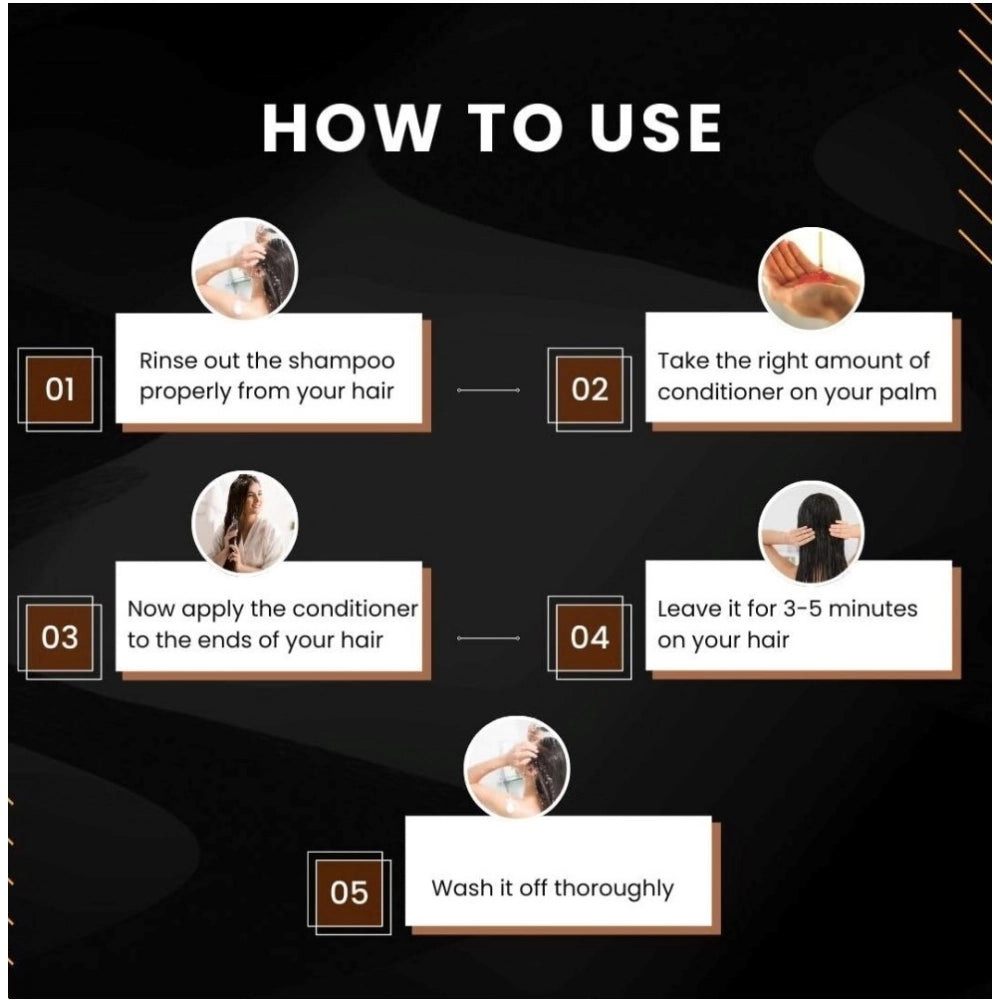 How-to-use conditioner steps infographic with rinsing, applying, and washing instructions
