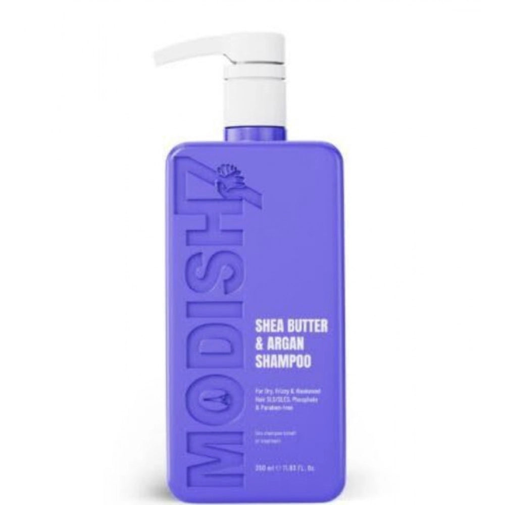 Unisex protein shampoo bottle with pump, purple label for Shea Butter & Argan Shampoo