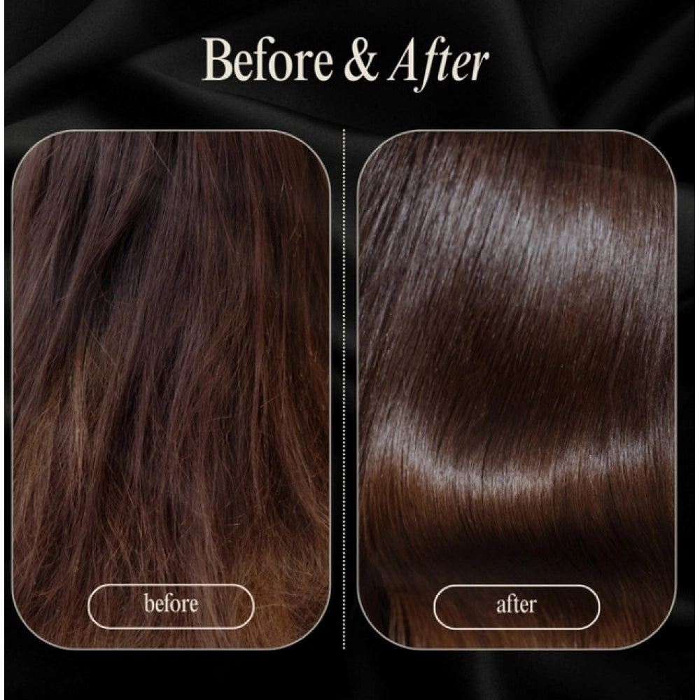 Shampoo before-and-after hair panels, smoother darker hair after treatment