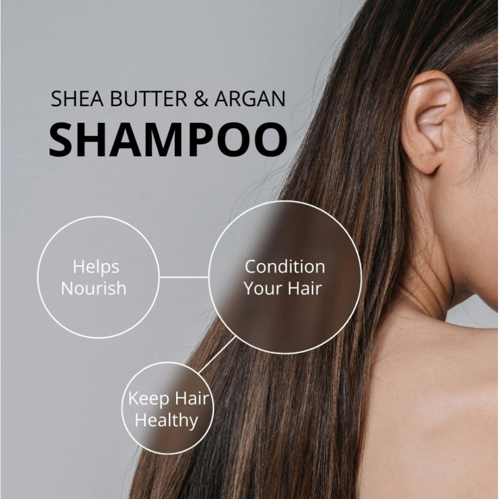 Woman with long hair beside Shea Butter & Argan Shampoo text and conditioning benefit bubbles