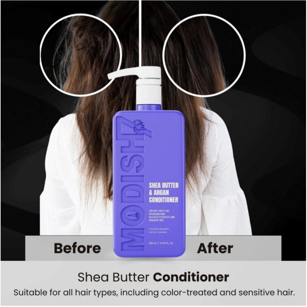 Purple pump conditioner bottle with front label showing shea butter & argan