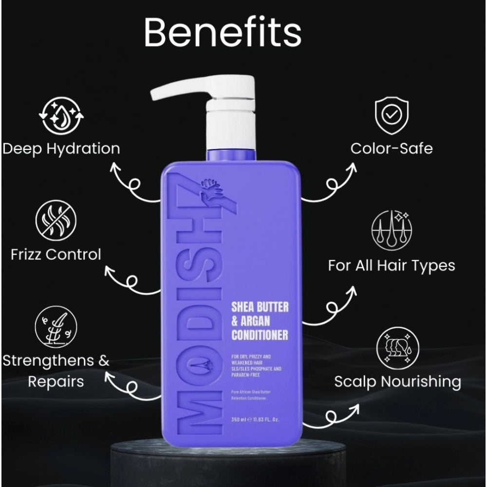 Purple pump conditioner bottle with shea butter & argan label and benefit icons