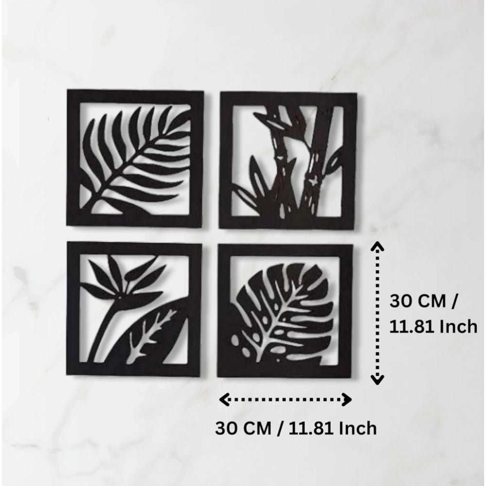 Amfyn 7 Decore Wooden 4 Pieces Square Tree Leaf Wall Art Panel Frame – Black (Big Size)