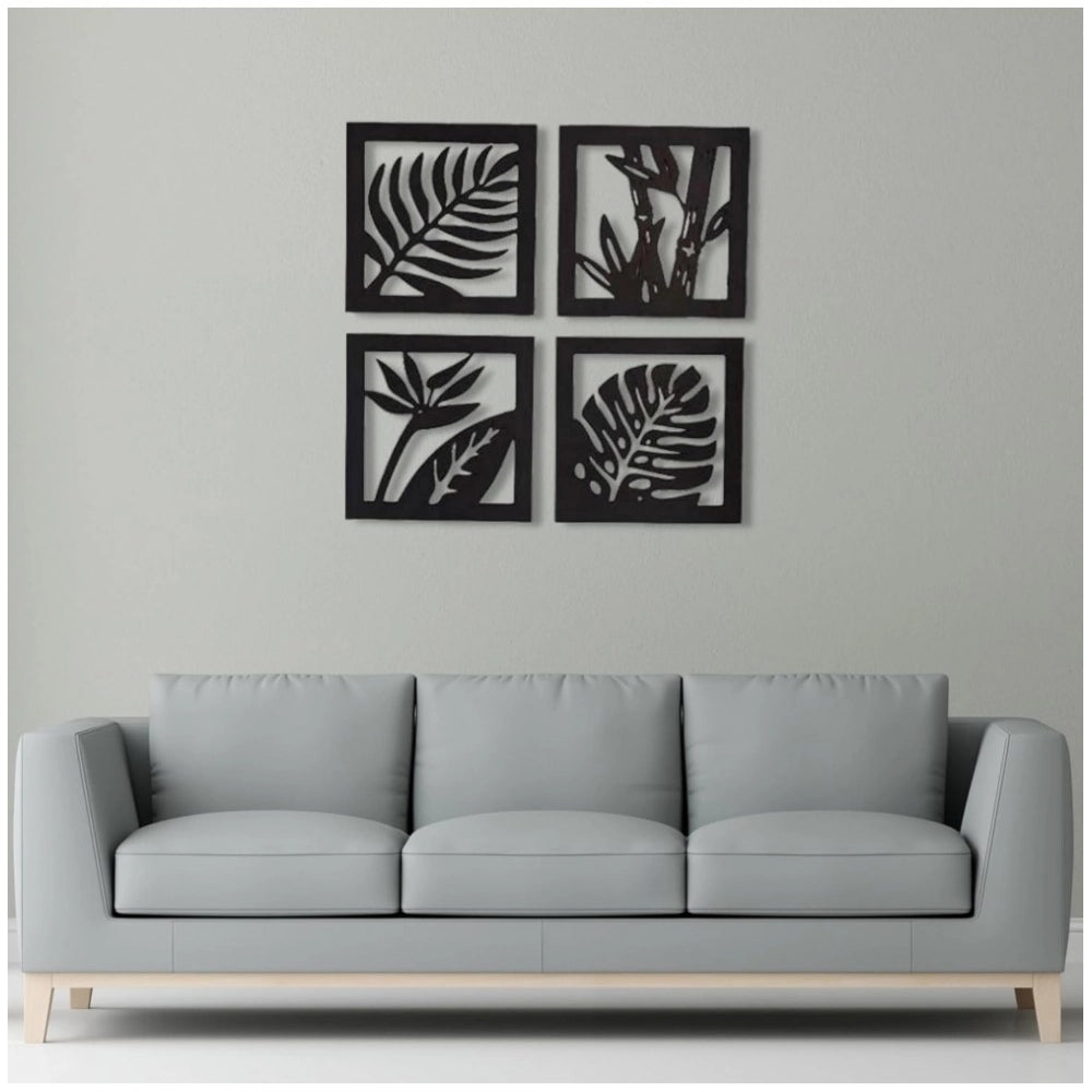 Amfyn 7 Decore Wooden 4 Pieces Square Tree Leaf Wall Art Panel Frame – Black (Big Size)