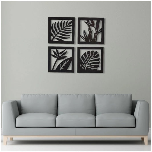 Amfyn 7 Decore Wooden 4 Pieces Square Tree Leaf Wall Art Panel Frame – Black (Big Size)