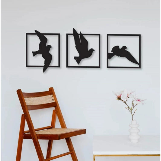 Amfyn Birds in Frame Wooden Wall Decor – Set of 3 Panels (Black)