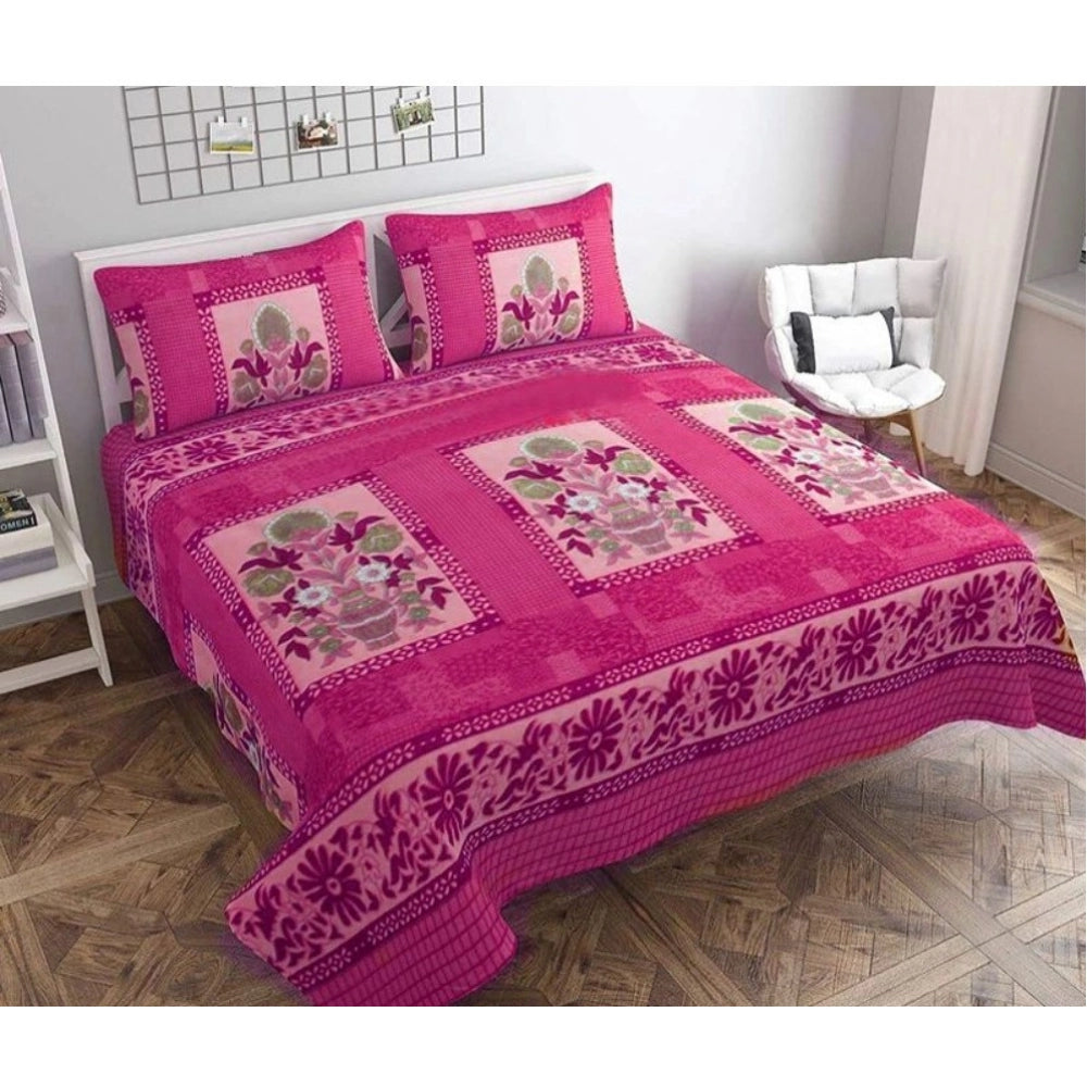 Amfyn Fleece Floral Printed Double Polar Warm Bedsheet with 2 Pillow Cover (Pink)