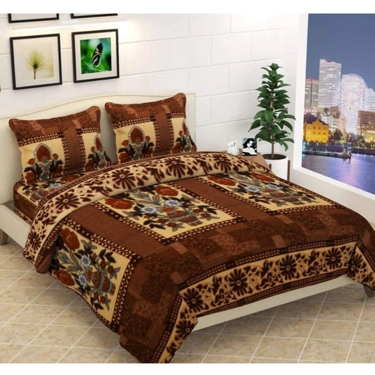 Amfyn Fleece Floral Printed Double Polar Warm Bedsheet with 2 Pillow Cover (Brown)