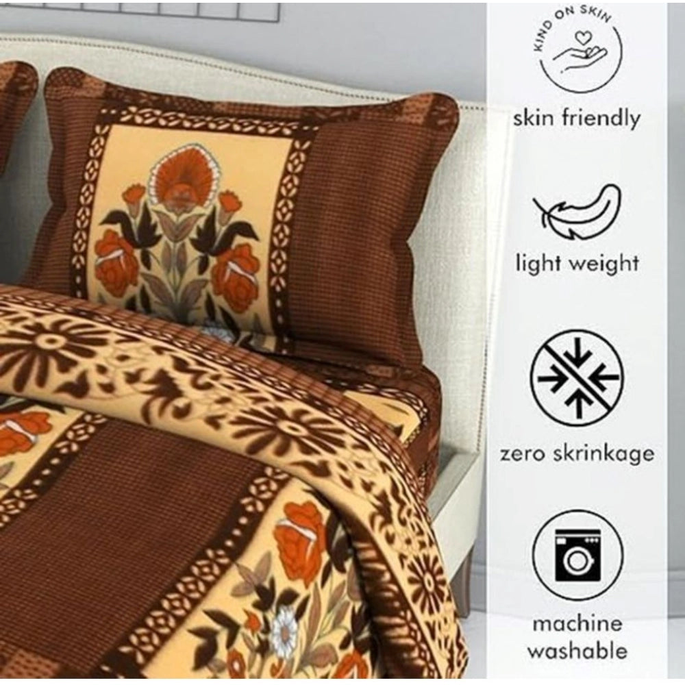 Amfyn Fleece Floral Printed Double Polar Warm Bedsheet with 2 Pillow Cover (Brown)