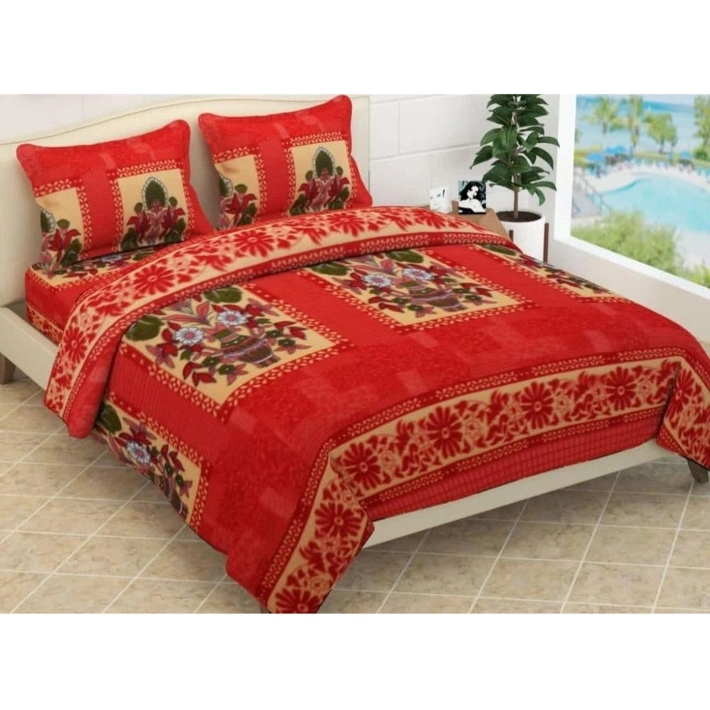 Amfyn Fleece Floral Printed Double Polar Warm Bedsheet with 2 Pillow Cover (Red)