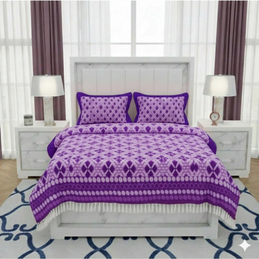 Amfyn Fleece Geometric Double Polar Warm Bedsheet with 2 Pillow Cover (Purple)