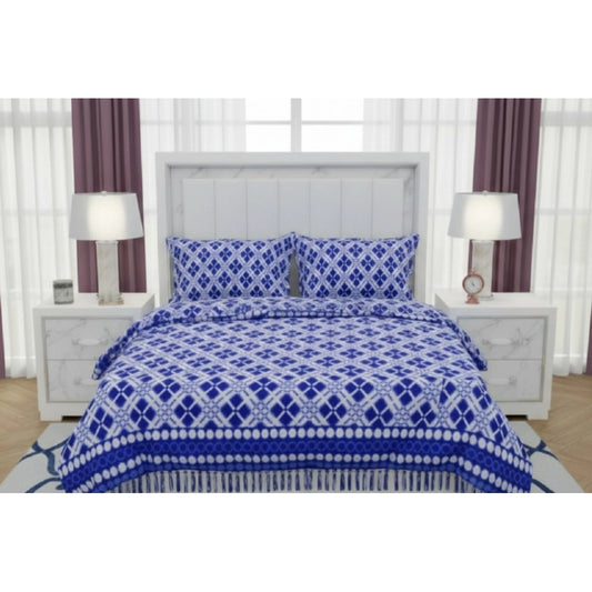 Amfyn Fleece Geometric Double Polar Warm Bedsheet with 2 Pillow Cover (Blue)