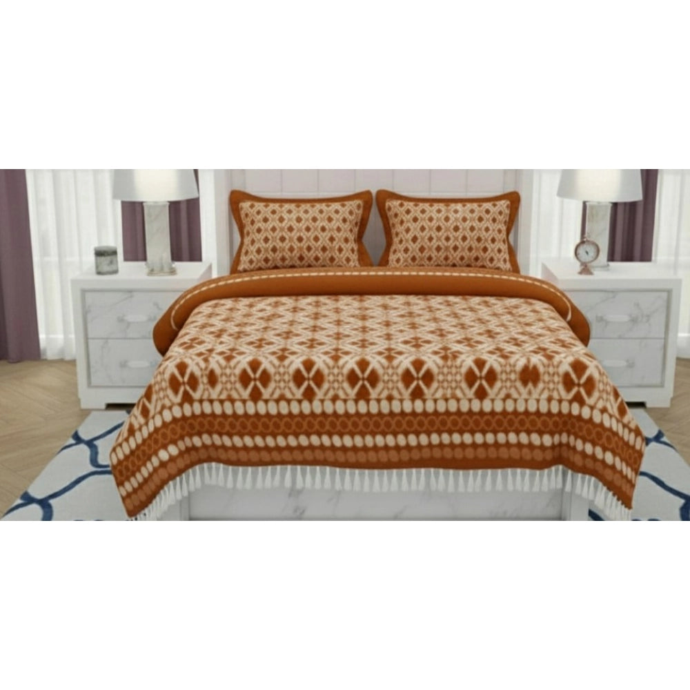 Amfyn Fleece Geometric Double Polar Warm Bedsheet with 2 Pillow Cover (Orange)