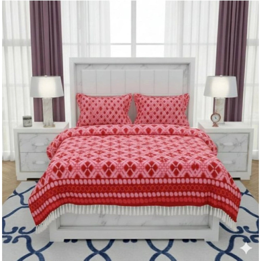 Amfyn Fleece Geometric Double Polar Warm Bedsheet with 2 Pillow Cover (Red)