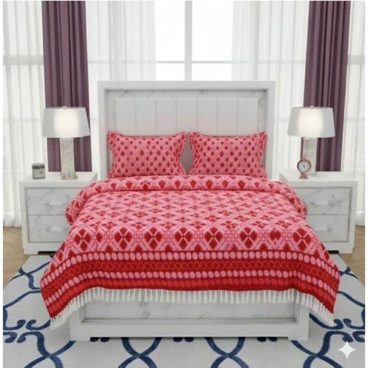 Amfyn Fleece Geometric Double Polar Warm Bedsheet with 2 Pillow Cover (Red)