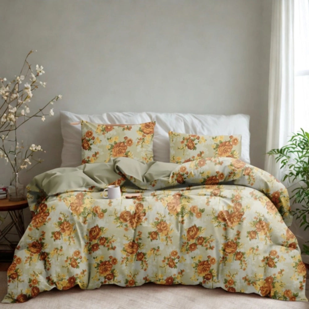 Amfyn Microfiber Floral Printed Double Bedsheet with 2 Pillow Covers (Beige)