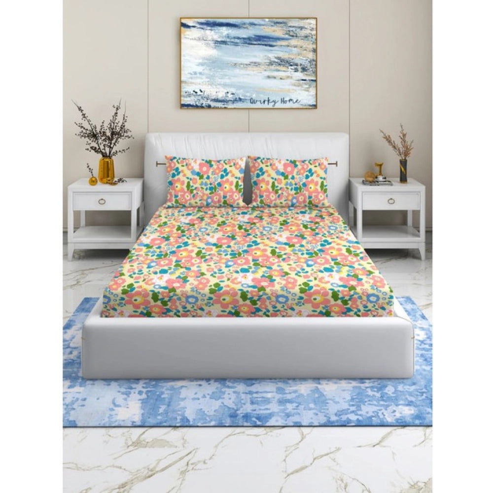 Amfyn Cotton Blend Floral Printed Double Bedsheet with 2 Pillow Covers (Yellow)