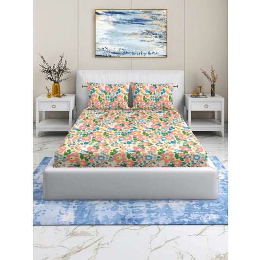 Amfyn Cotton Blend Floral Printed Double Bedsheet with 2 Pillow Covers (Yellow)