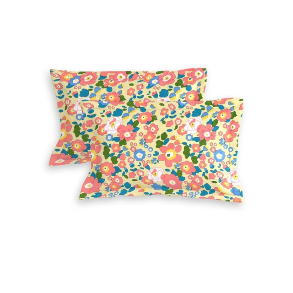 Amfyn Cotton Blend Floral Printed Double Bedsheet with 2 Pillow Covers (Yellow)