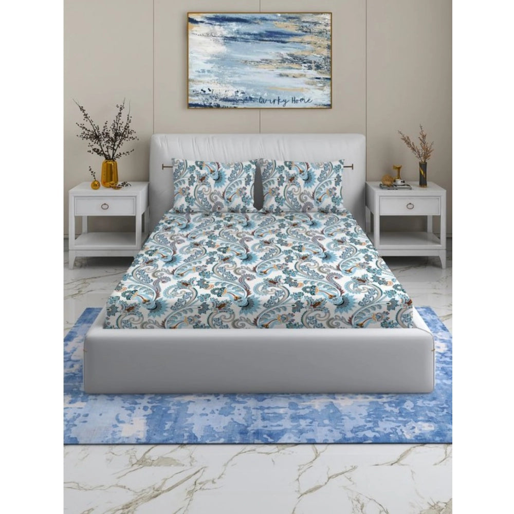 Amfyn Cotton Blend Floral Printed Double Bedsheet with 2 Pillow Covers (White)