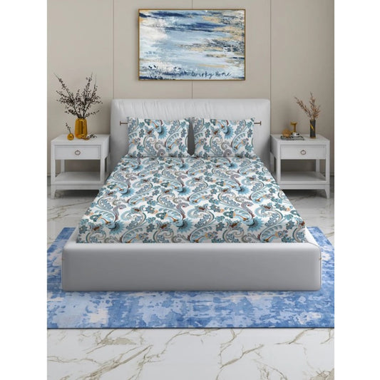 Amfyn Cotton Blend Floral Printed Double Bedsheet with 2 Pillow Covers (White)