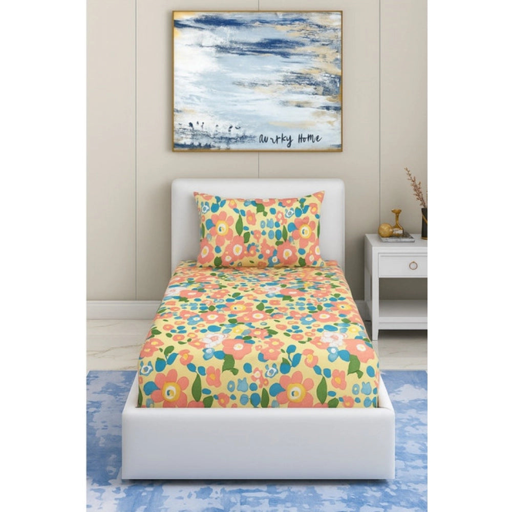 Amfyn Cotton Blend Floral Printed Single Bedsheet with 1 Pillow Cover (Yellow)