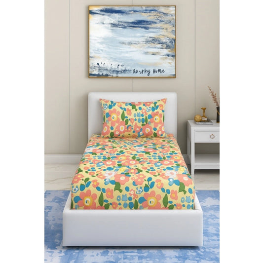Amfyn Cotton Blend Floral Printed Single Bedsheet with 1 Pillow Cover (Yellow)