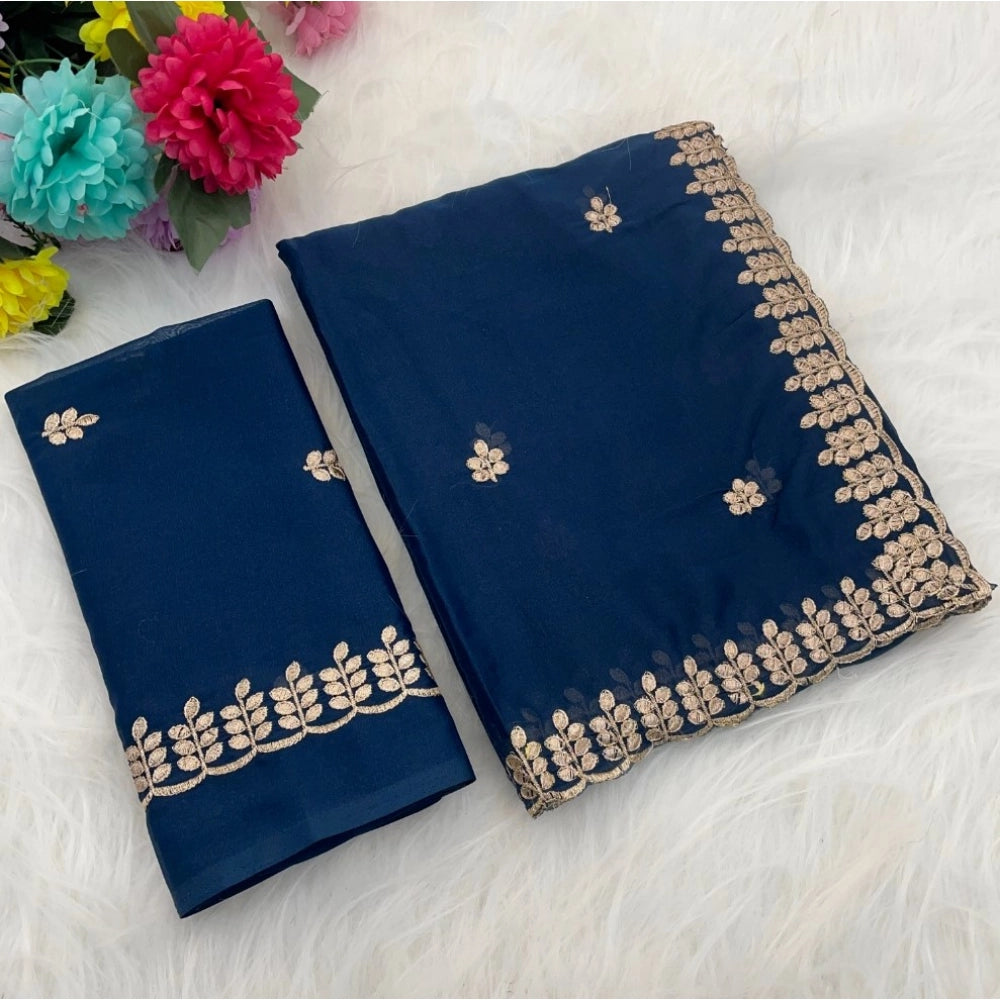 Amfyn Women's Georgette Embroidered Saree With Unstitched Blouse 5.5Mtr (Blue)