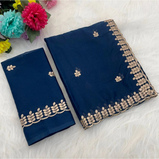 Amfyn Women's Georgette Embroidered Saree With Unstitched Blouse 5.5Mtr (Blue)