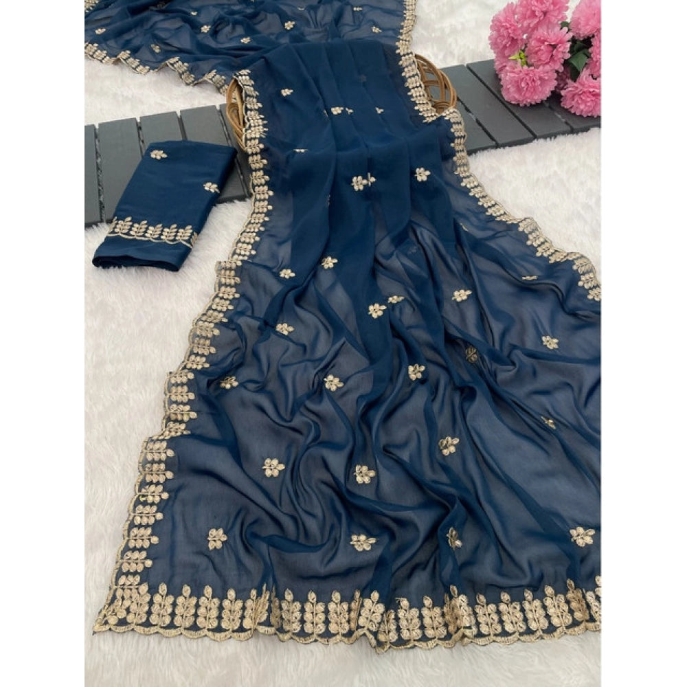 Amfyn Women's Georgette Embroidered Saree With Unstitched Blouse 5.5Mtr (Blue)