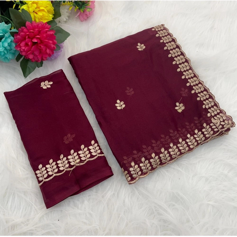 Amfyn Women's Georgette Embroidered Saree With Unstitched Blouse 5.5Mtr (Red)