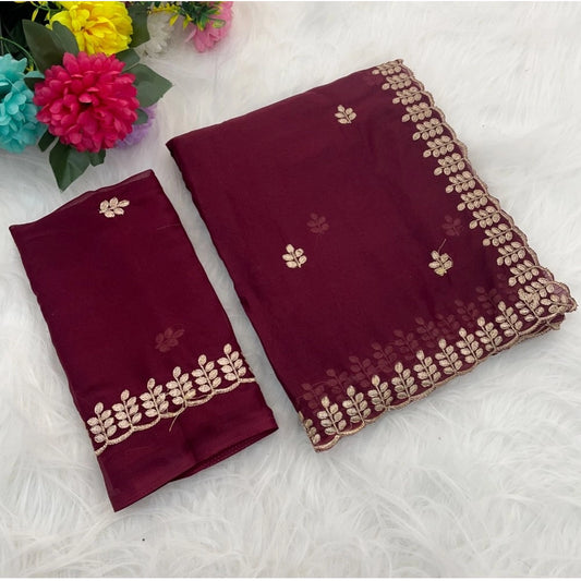 Amfyn Women's Georgette Embroidered Saree With Unstitched Blouse 5.5Mtr (Red)