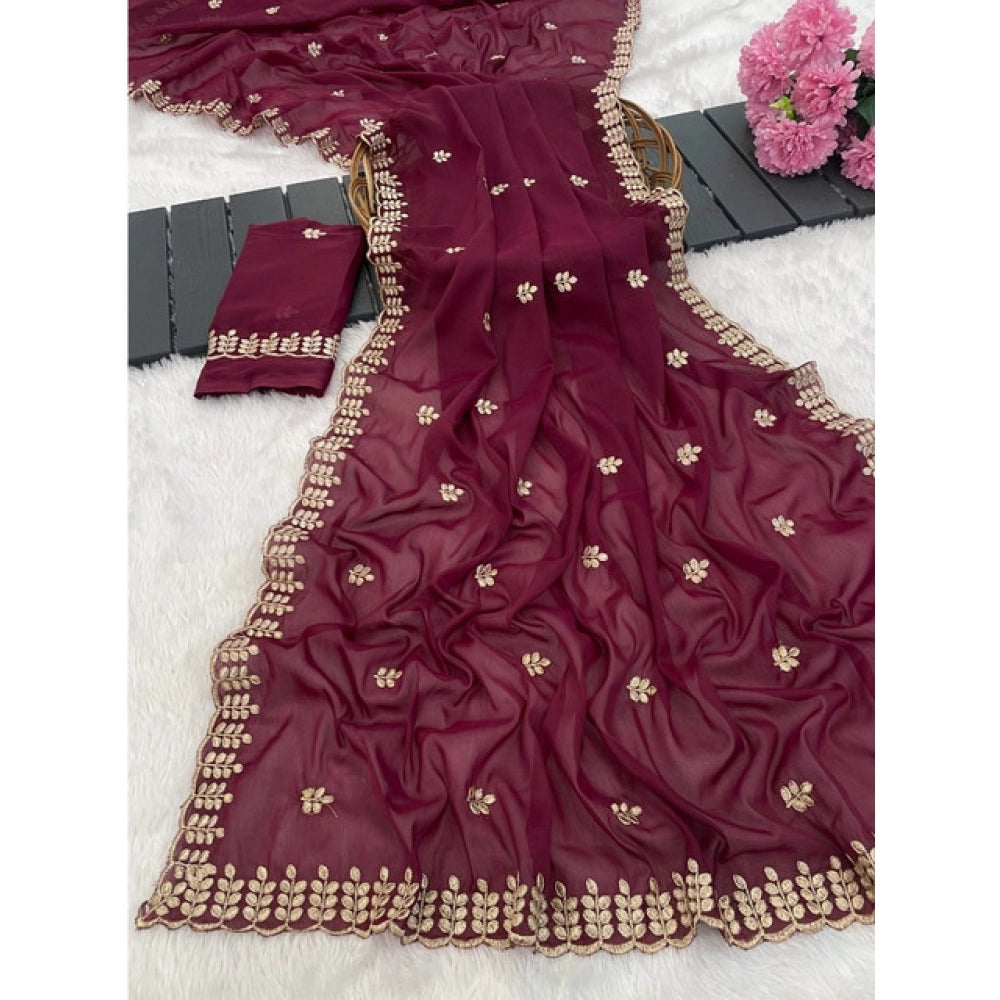 Amfyn Women's Georgette Embroidered Saree With Unstitched Blouse 5.5Mtr (Red)
