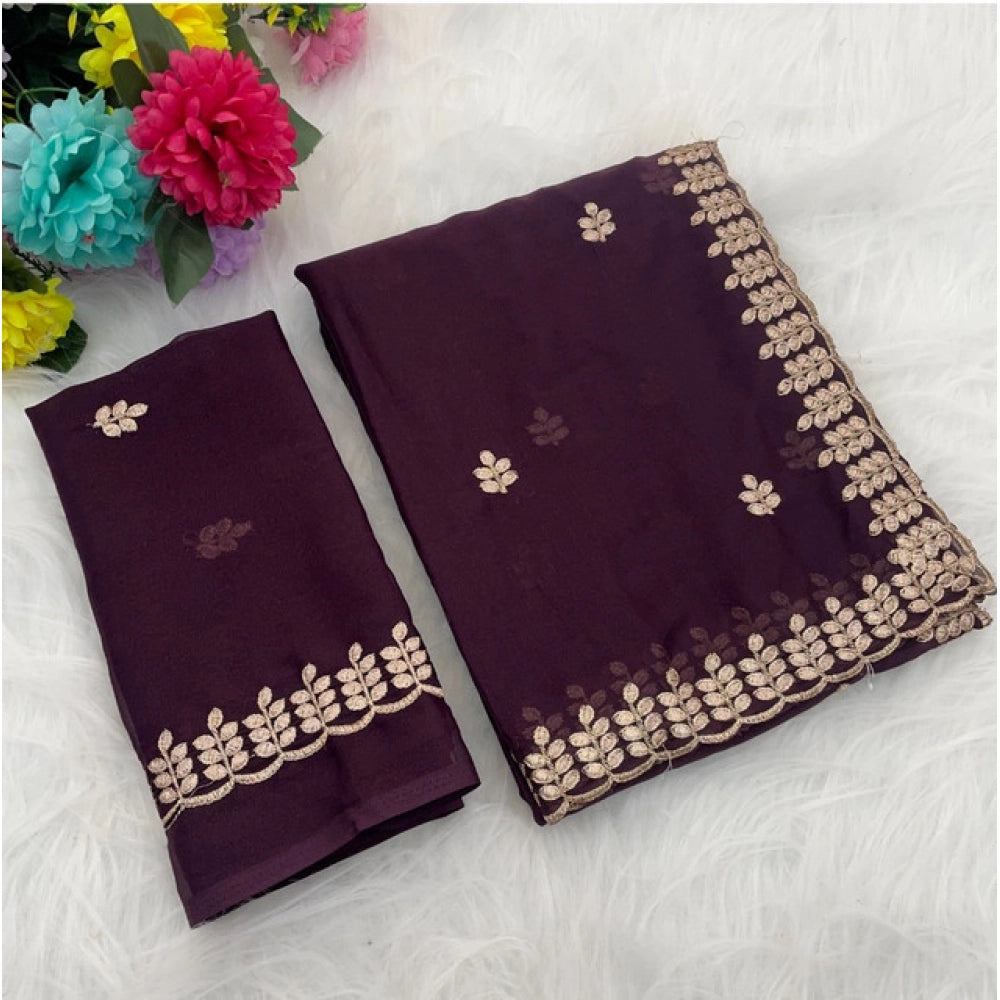 Amfyn Women's Georgette Embroidered Saree With Unstitched Blouse 5.5Mtr (Wine)
