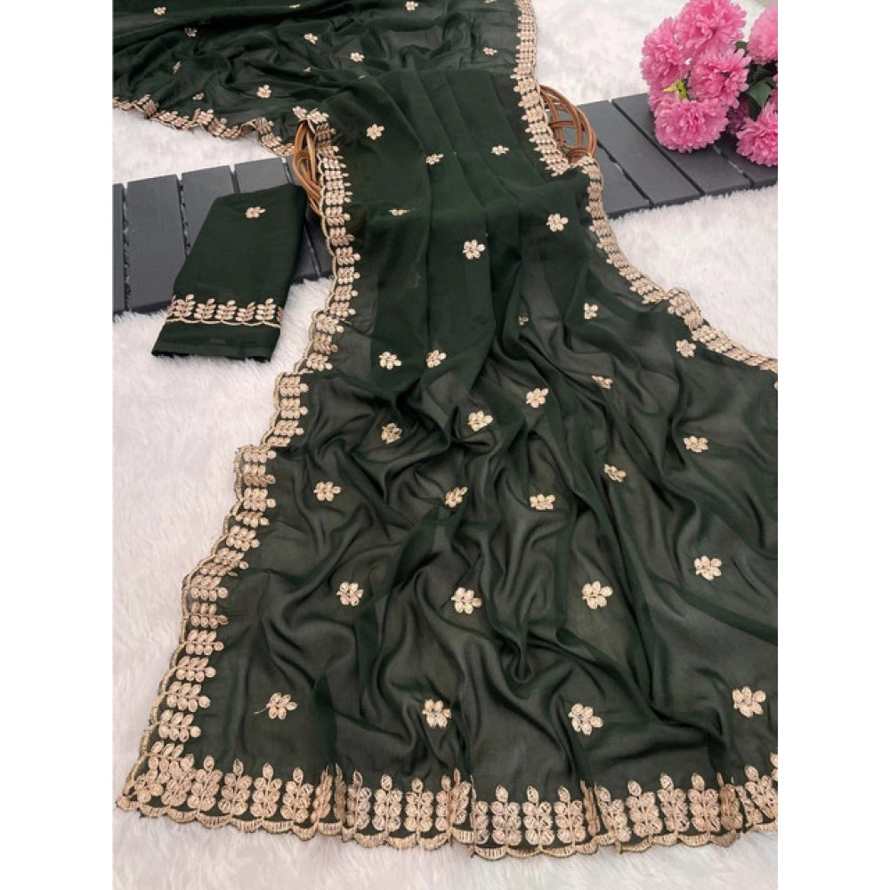 Amfyn Women's Georgette Embroidered Saree With Unstitched Blouse 5.5Mtr (Green)