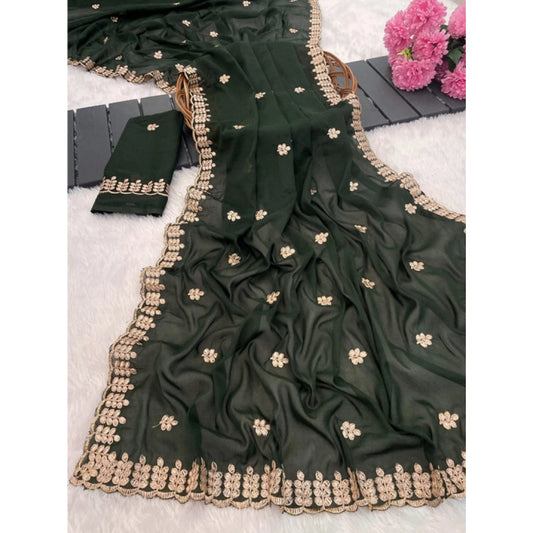 Amfyn Women's Georgette Embroidered Saree With Unstitched Blouse 5.5Mtr (Green)