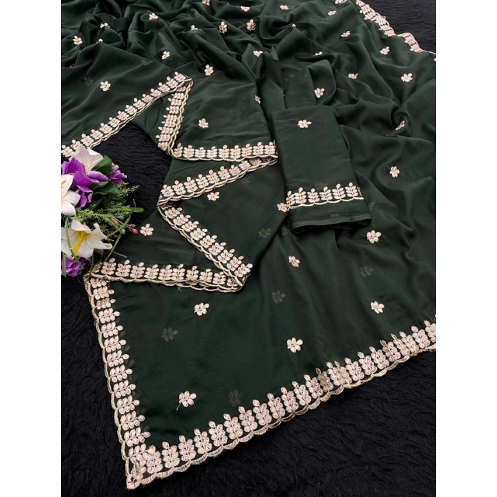 Amfyn Women's Georgette Embroidered Saree With Unstitched Blouse 5.5Mtr (Green)