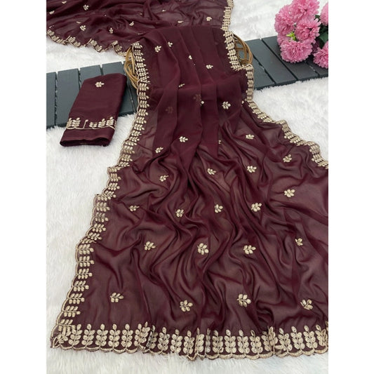 Amfyn Women's Georgette Embroidered Saree With Unstitched Blouse 5.5Mtr (Maroon)