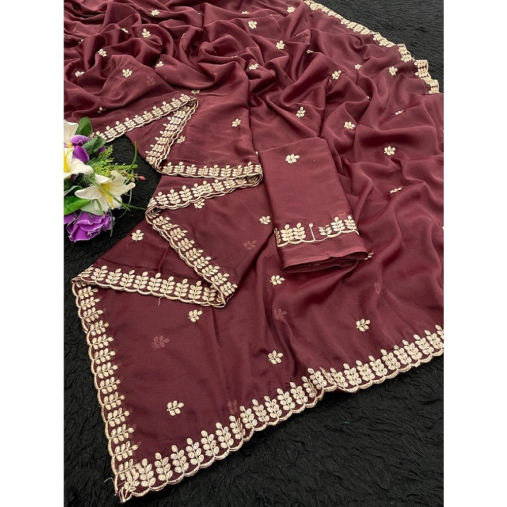 Amfyn Women's Georgette Embroidered Saree With Unstitched Blouse 5.5Mtr (Maroon)