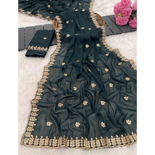 Amfyn Women's Georgette Embroidered Saree With Unstitched Blouse 5.5Mtr (Teal)