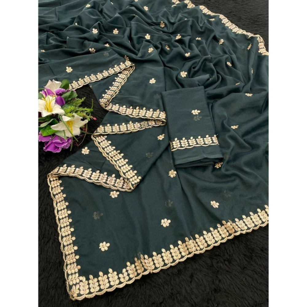 Amfyn Women's Georgette Embroidered Saree With Unstitched Blouse 5.5Mtr (Teal)