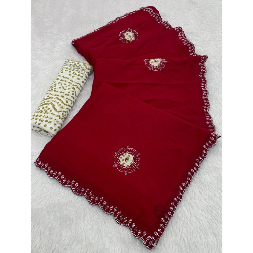 Amfyn Women's Chiffon Butti Dotted Saree With Unstitched Blouse 5.5Mtr (Red)