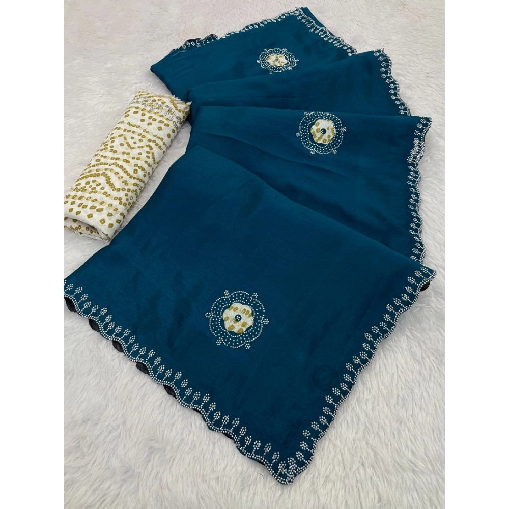 Amfyn Women's Chiffon Butti Dotted Saree With Unstitched Blouse 5.5Mtr (Blue)
