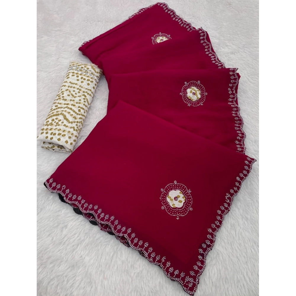 Amfyn Women's Chiffon Butti Dotted Saree With Unstitched Blouse 5.5Mtr (Pink)