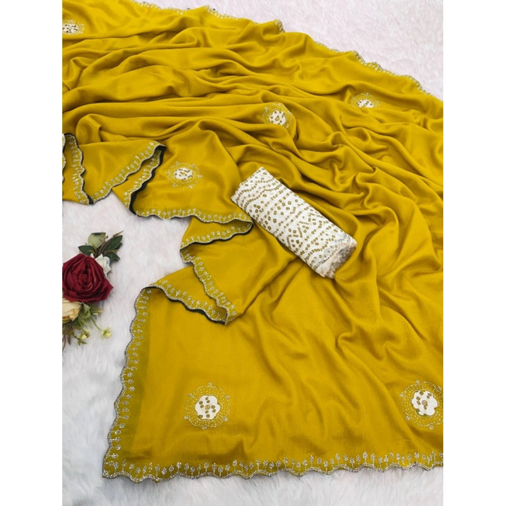 Amfyn Women's Chiffon Butti Dotted Saree With Unstitched Blouse 5.5Mtr (Yellow)