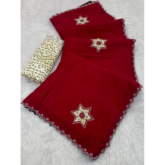 Amfyn Women's Chiffon Butti Dotted Saree With Unstitched Blouse 5.5Mtr (Red)