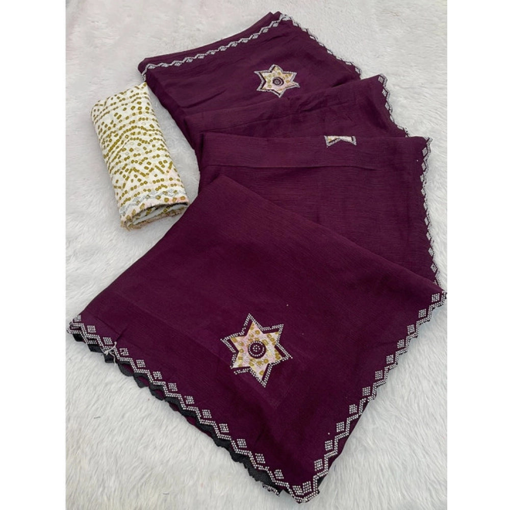 Amfyn Women's Chiffon Butti Dotted Saree With Unstitched Blouse 5.5Mtr (Wine)