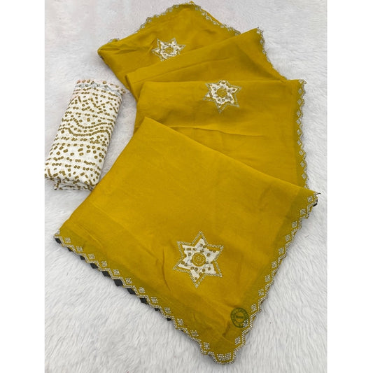 Amfyn Women's Chiffon Butti Dotted Saree With Unstitched Blouse 5.5Mtr (Yellow)